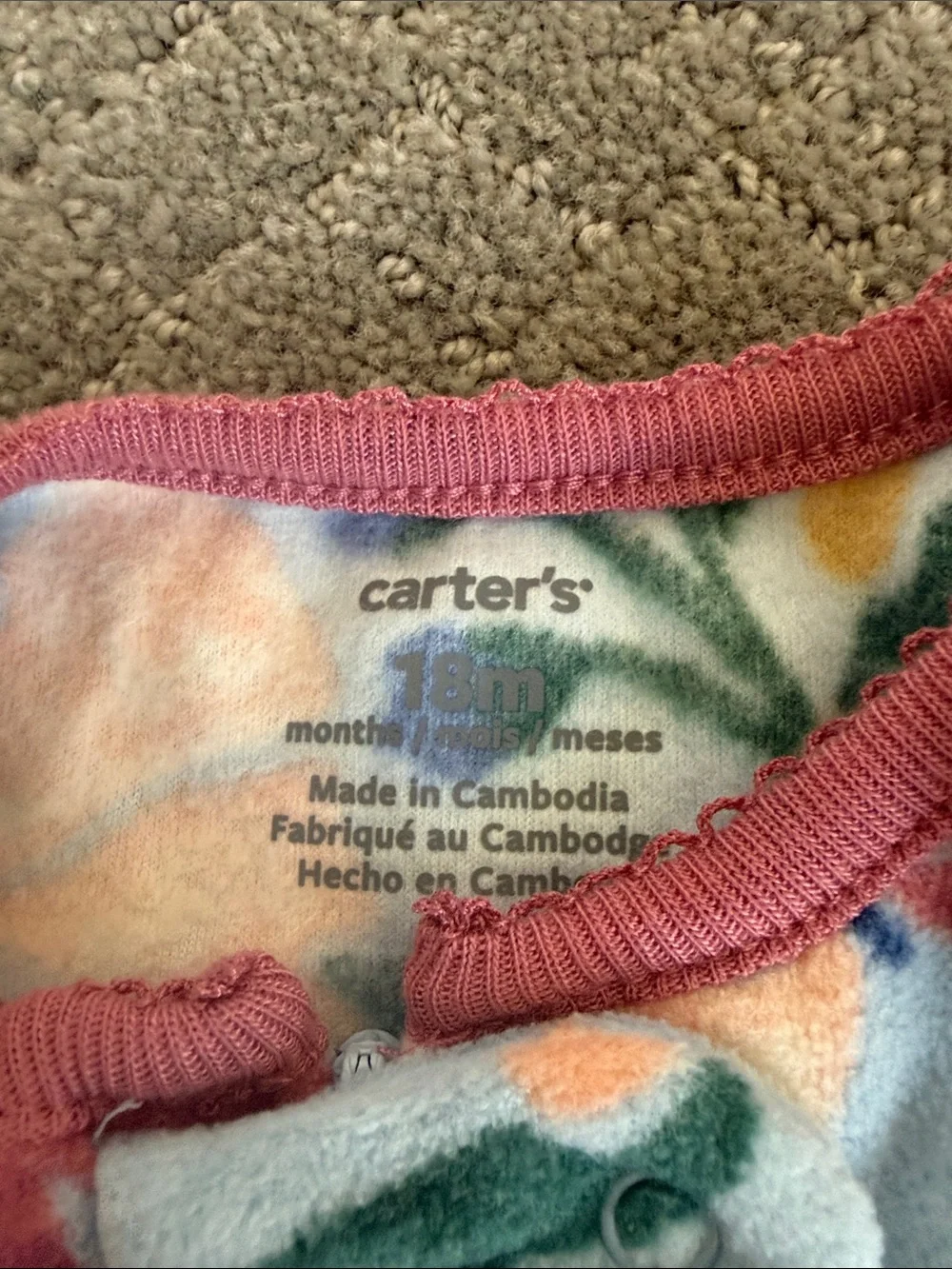 Carter's Blue Floral Fleece Footed One-Piece with Pink Trim